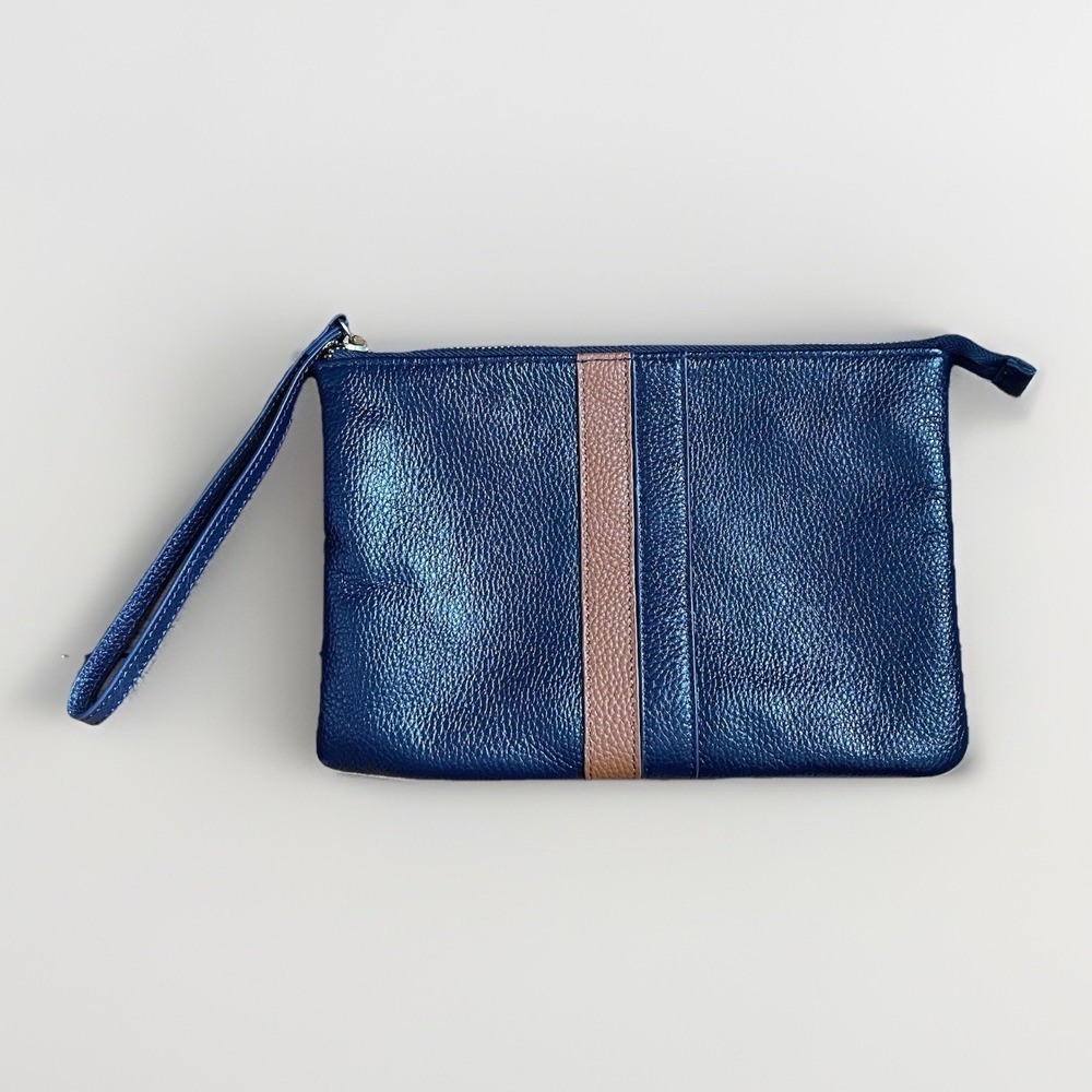 Jaggs Genuine Leather Navy Blue Wristlet Pebbled Small Preppy Classic Zip 9.5"